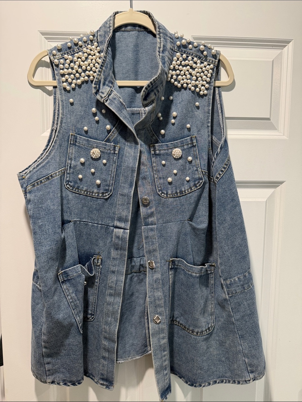 Pearl-Embellished Denim Vest - Blue